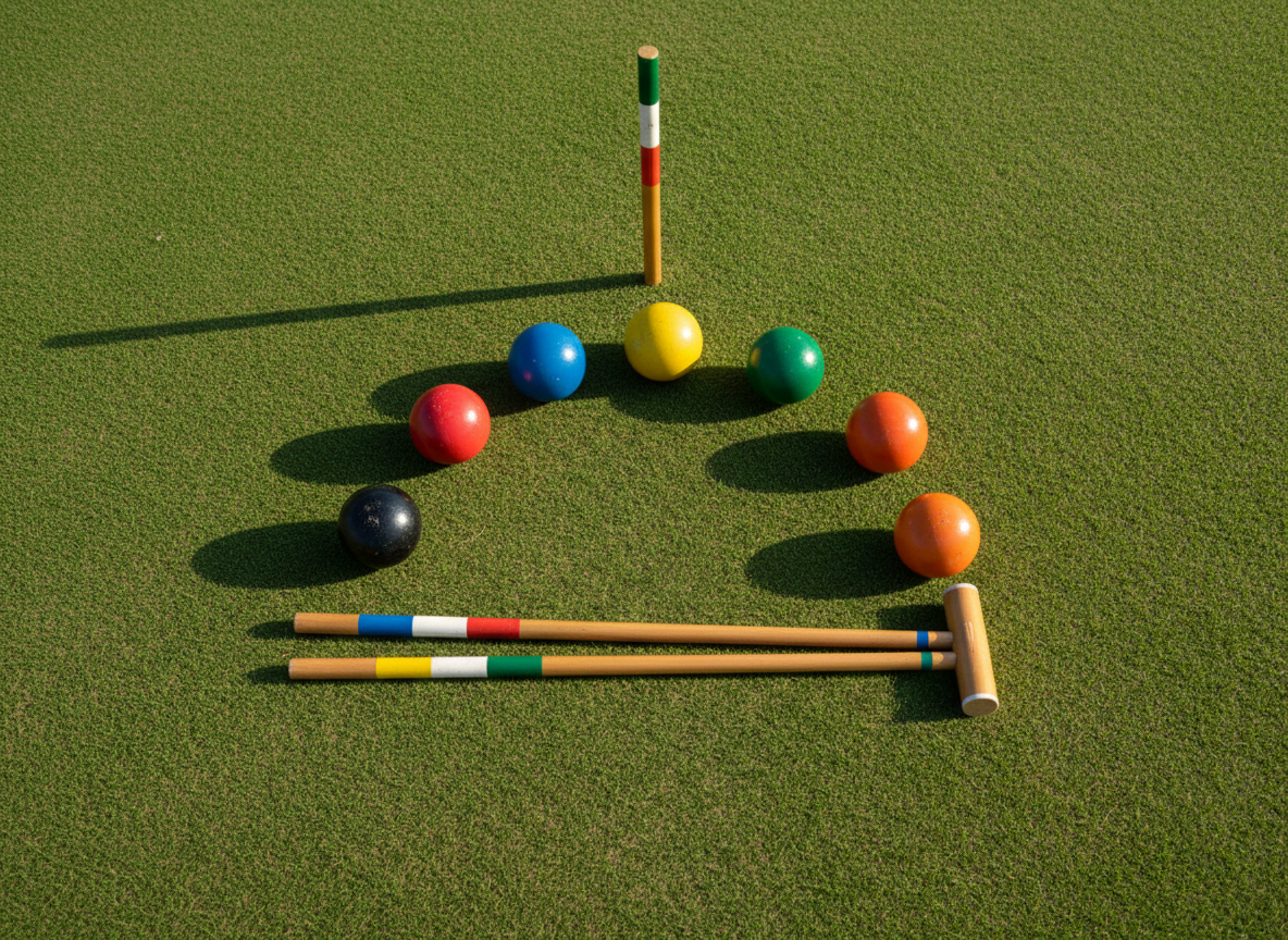 An overhead, photographic still life of a classic wooden croquet set neatly arranged on the manicured bowling green of the Fort Wayne Croquet Club. Six brightly colored balls—red, blue, yellow, black, green, and orange—form a playful arc, their glossy surfaces showing faint scuffs from past games. Mallets lie parallel, handles alternating in color-striped patterns, with a central wooden stake standing upright at the edge of the frame. Soft late-morning sunlight creates gentle highlights and tidy shadows, emphasizing the smooth wood and vibrant paint. The background is a simple, uniform field of rich green grass, slightly blurred at the edges, giving the image a clean, modern, and delightfully playful atmosphere perfect for a club homepage hero image.