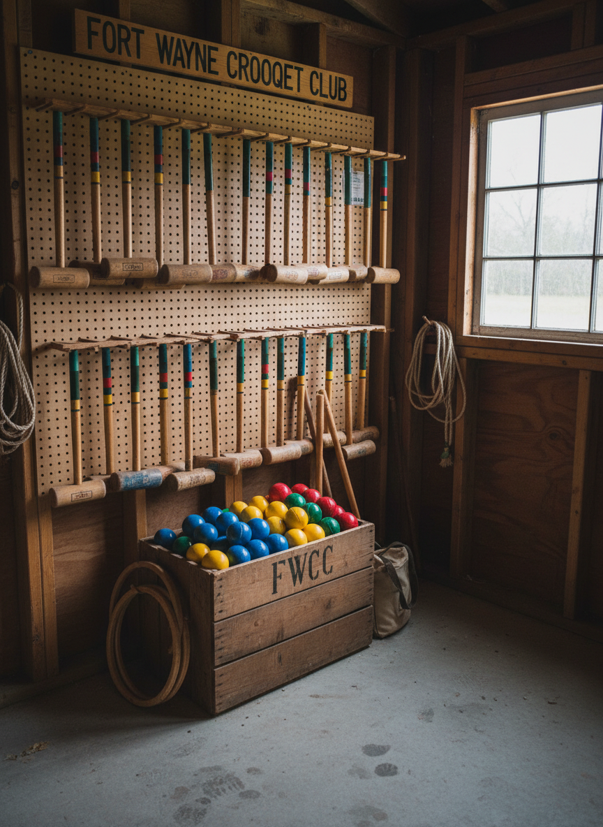 A cozy, photographic scene of the Fort Wayne Croquet Club’s equipment storage corner just inside a modest outbuilding behind the Curling Club. Wooden mallets with striped handles hang neatly on a simple pegboard wall, their surfaces showing light wear and polished grips. Below them, a weathered wooden crate holds neatly stacked croquet balls in bright primary colors, their glossy finish catching the soft, indirect light filtering through a small nearby window. The concrete floor and exposed studs give the space a down-to-earth, community-club feel. Shot from an eye-level angle with moderate depth of field, the image feels warm, playful, and authentic, celebrating the simple charm of a local croquet club getting ready for a great day of play.